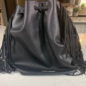 Victoria's Secret Black Fringe Bucket Bag – Drawstring Crossbody, Faux‎ Leather